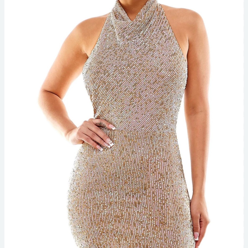 City Studio Halter Glittering Gold Cocktail Dress